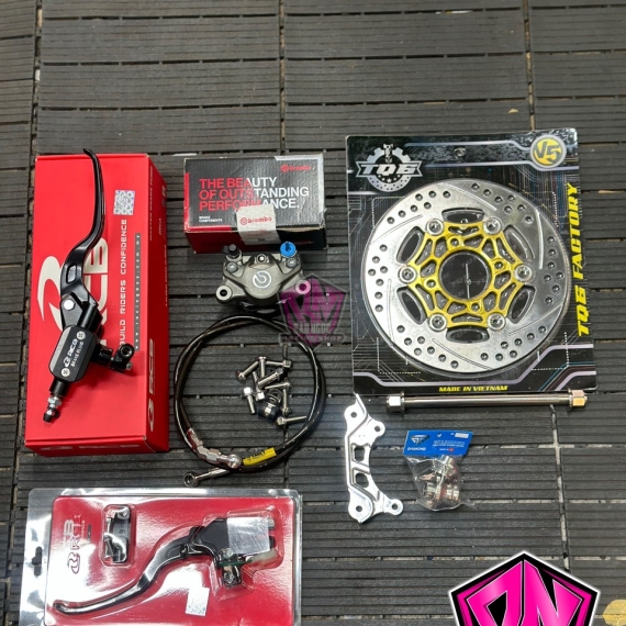 COMBO DÀN CHÂN TRƯỚC , TAY THẮNG ( ĐĨA THẮNG TQ6 / HEO BREMBO 2PIS XÁM / DÂY DẦU THÁI / PAT CNC / CẶP TAY THẮNG RCB E3 )